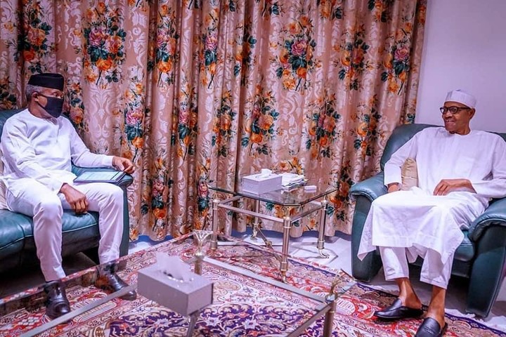 Buhari laughs as masked Osinbajo meets him for briefing (Photos)