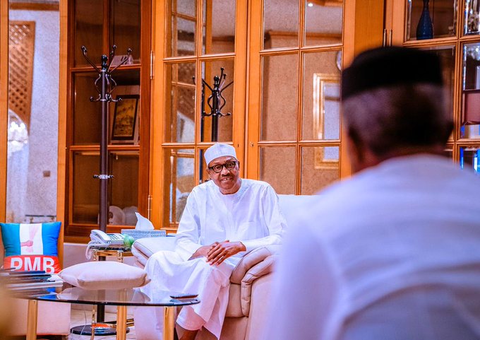 Buhari laughs as masked Osinbajo meets him for briefing (Photos)