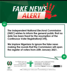 Ignore fake news on CVR, INEC urges Nigerians