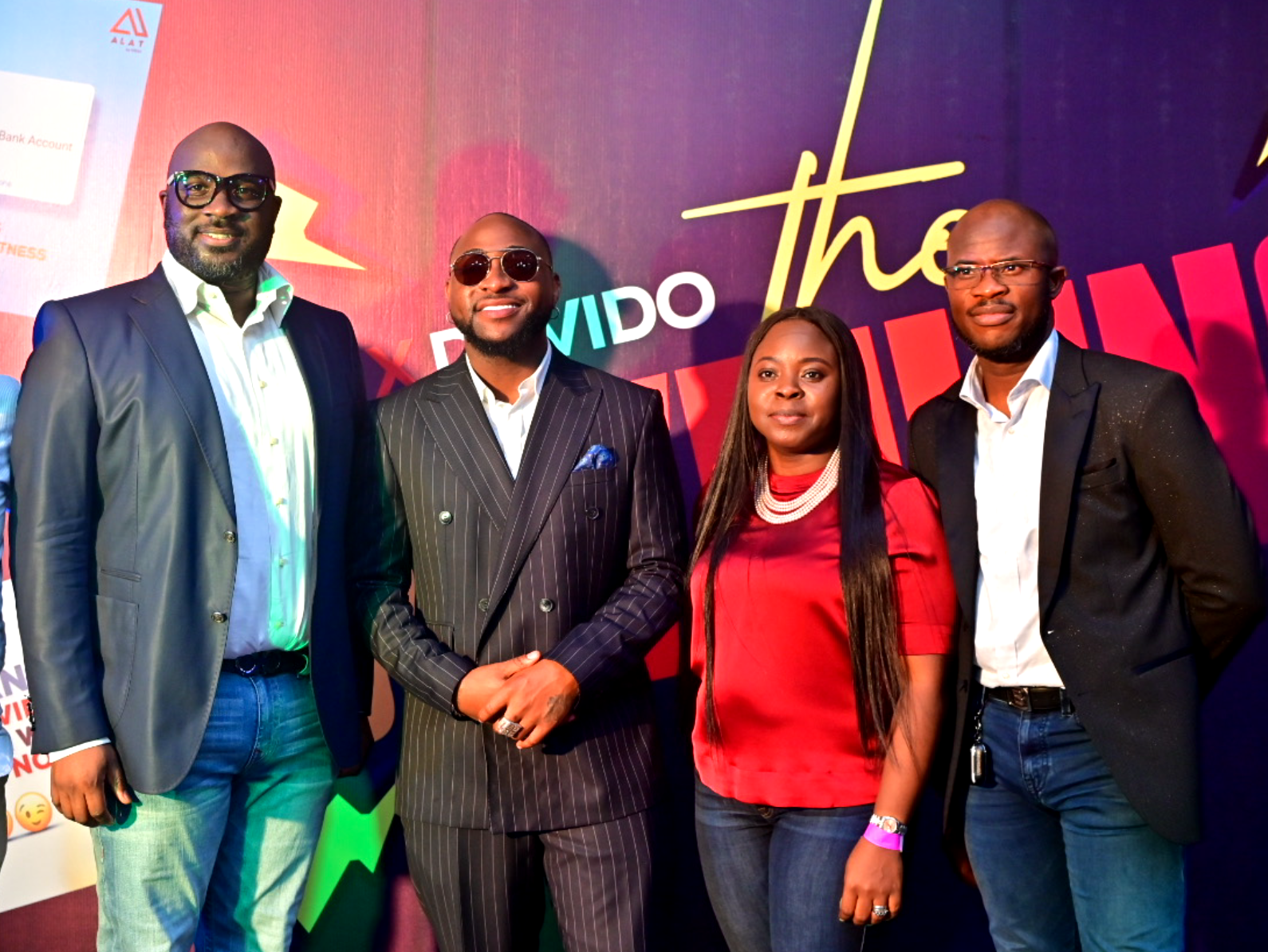 L-R: Chief Digital Officer, Wema Bank, Olusegun Adeniyi; Nigerian Music Superstar and ALAT's New Brand Ambassador, David 'Davido' Adeleke; Head, Marketing Communications and Investor Relations, Wema Bank, Fumilayo Falola; Head of Operations, Wema Bank, Tajudeen Bakare, at the ALATxDavido after-party following the unveiling of ALAT's new brand ambassador at the Wings Complex, VI, Lagos, on Friday, December 3, 2021.